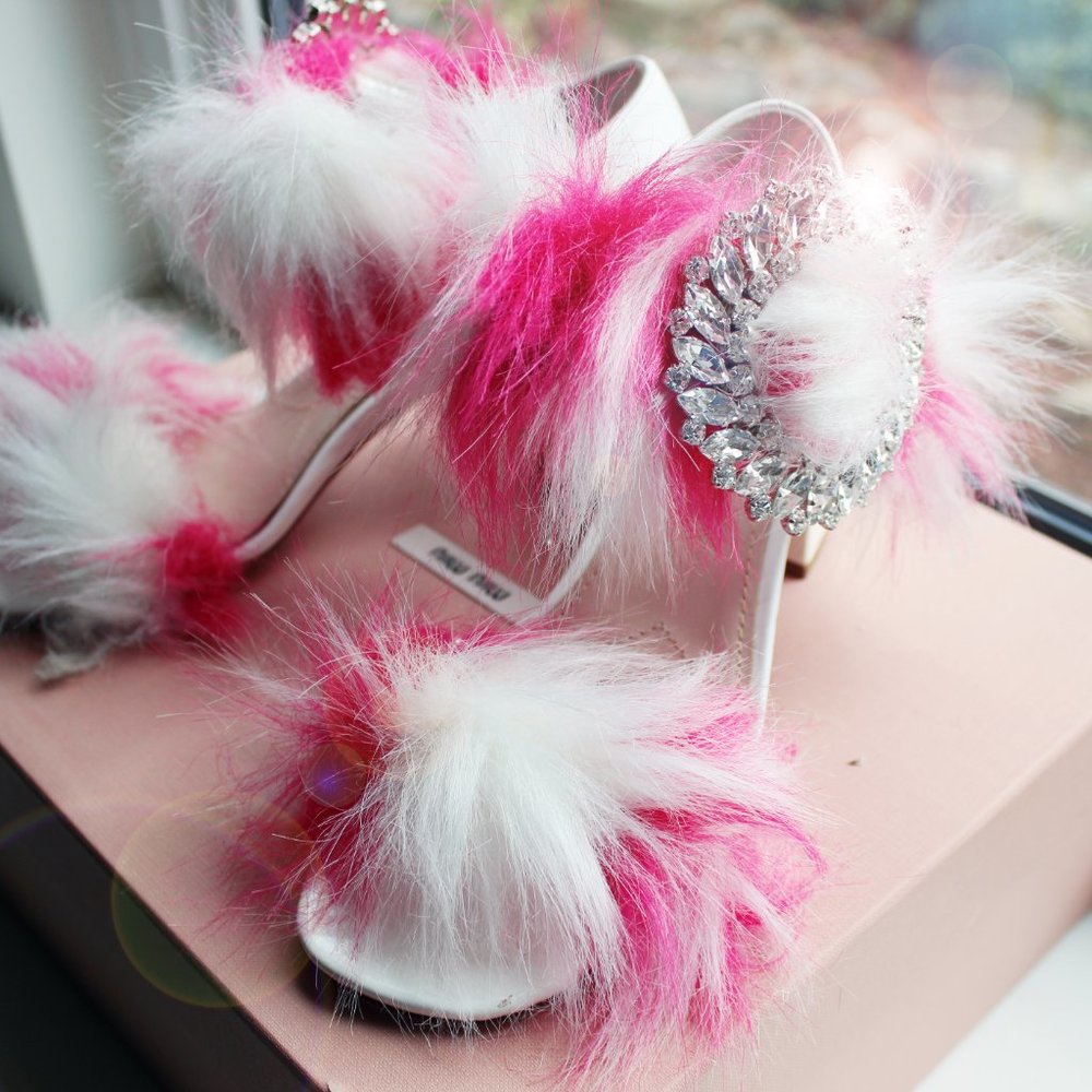 MiuMiu Swarovski Crystal Ring Fur Sandals